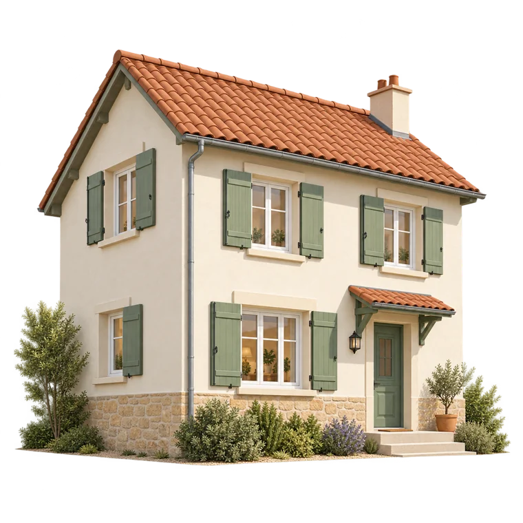 Une maison aux volets verts, entourée de fils symbolisant les questions que l’on peut se poser.