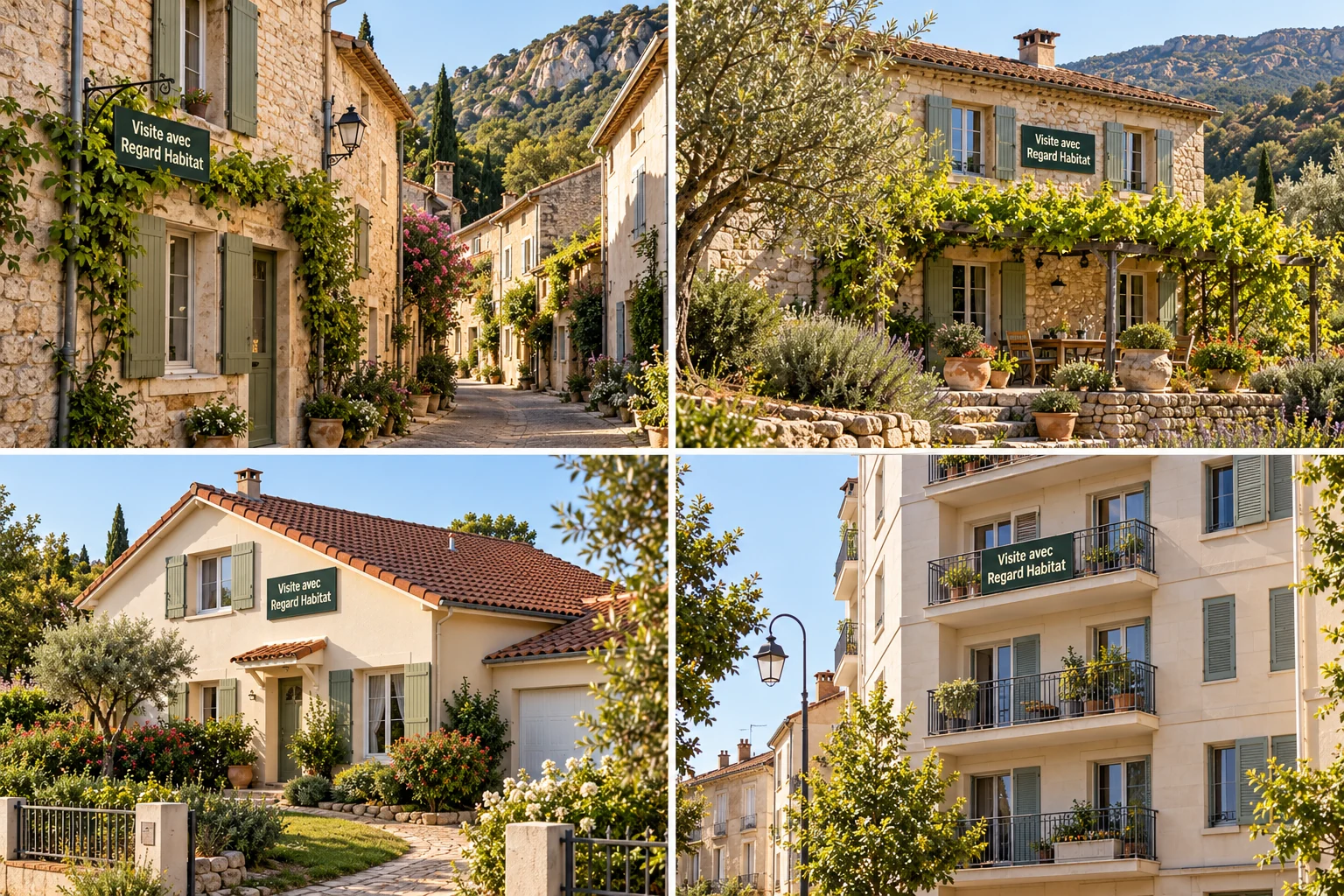 Mosaïque : maison de village, mas provençal, pavillon et immeuble d’appartements, avec des panneaux « Visite avec Regard Habitat ».